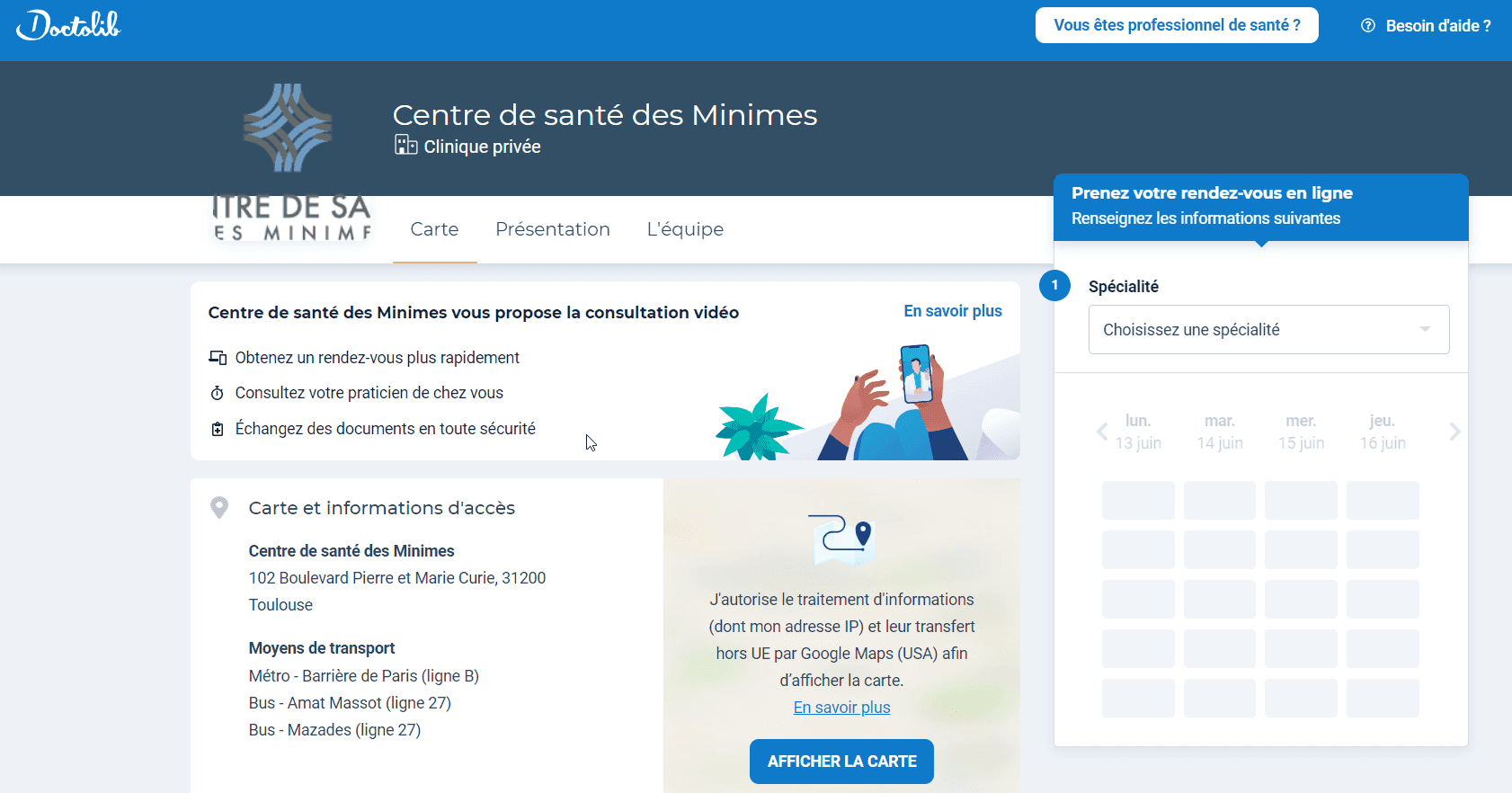 Photo représentant la page profil de la clinique des minimes au sein de doctolib