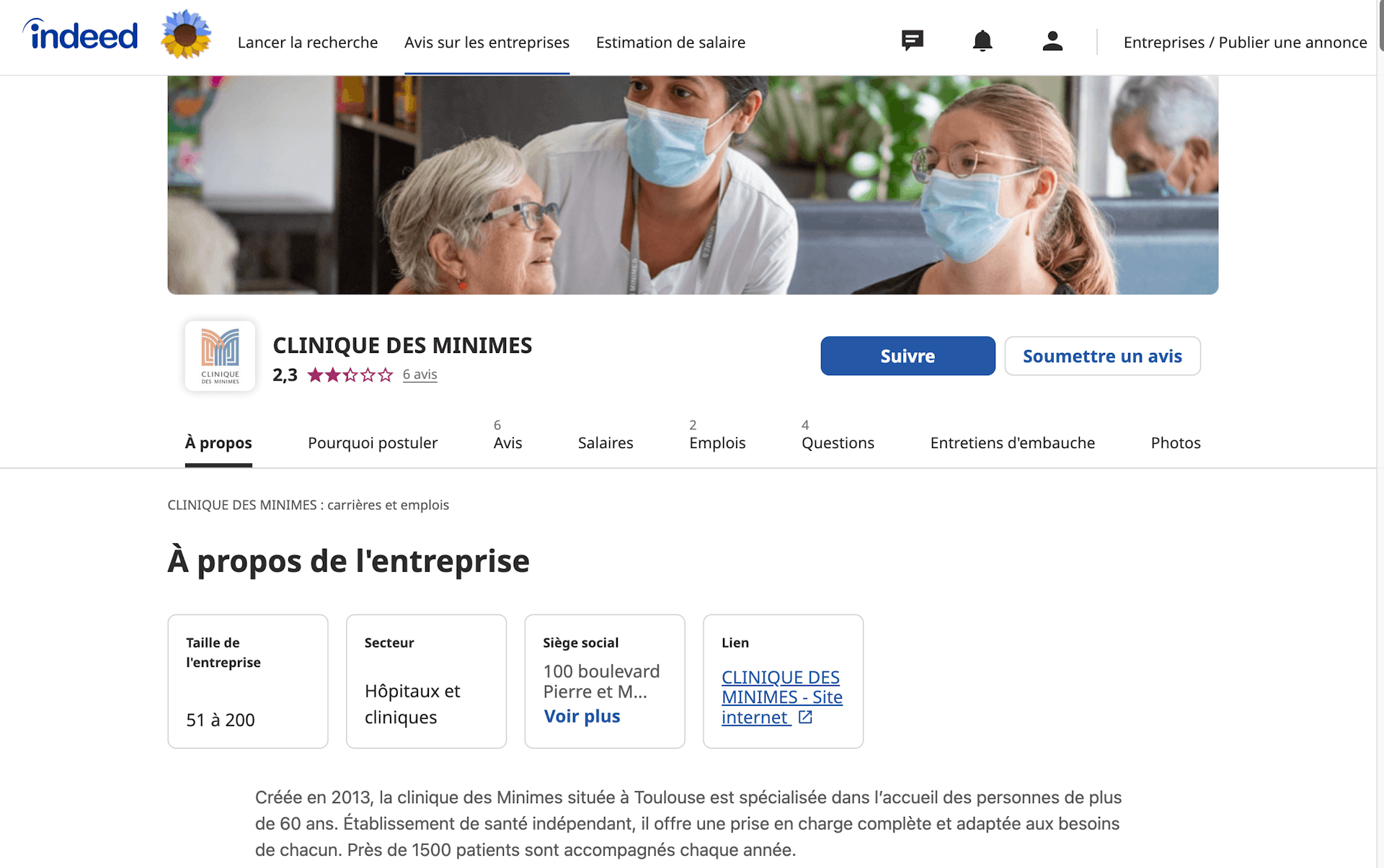 Photo illustrant la page profil de la clinique des minimes en matière de recrutement sur la plateforme en ligne Indeed.